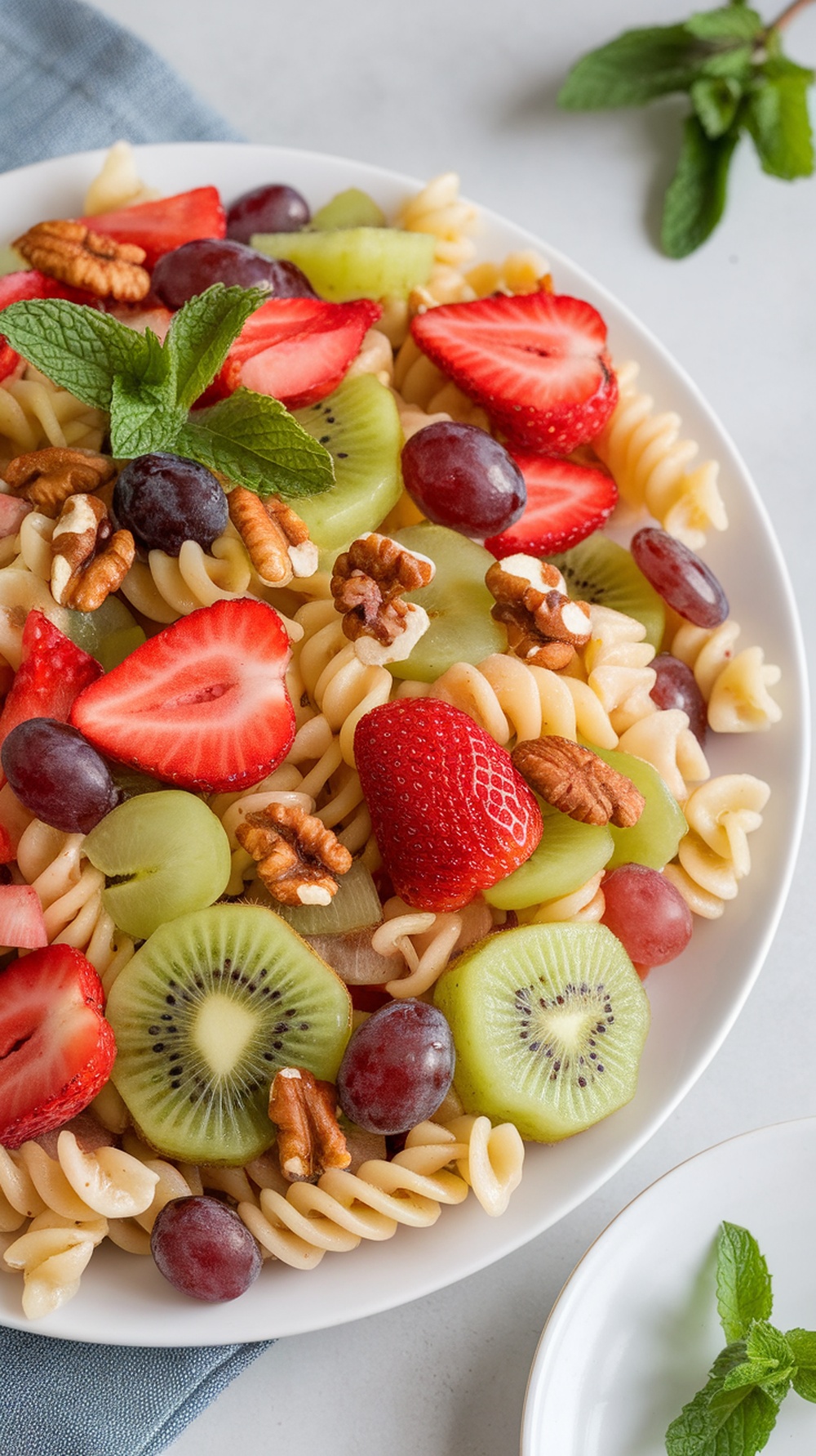 A vibrant fruit and nut pasta salad with strawberries, kiwi, grapes, and nuts, drizzled with honey dressing.
