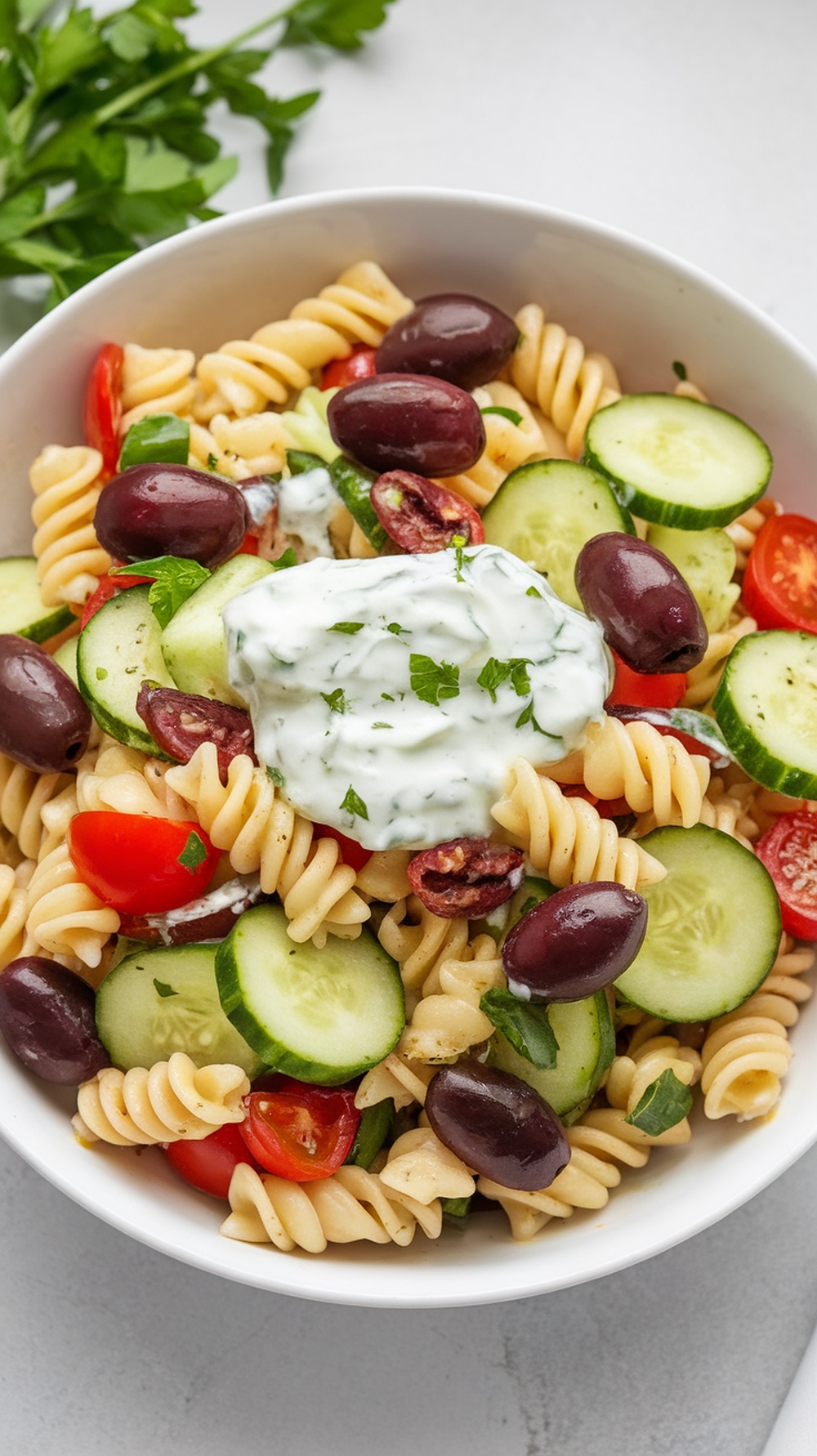 A bowl of Greek pasta salad featuring rotini pasta, cucumbers, tomatoes, olives, and tzatziki dressing