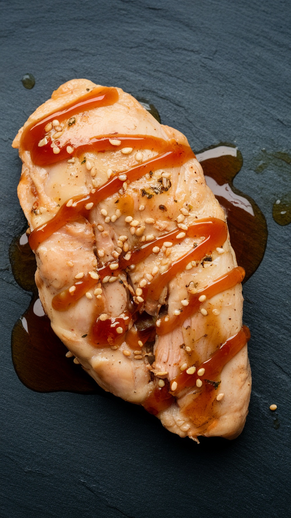 A delicious honey garlic chicken breast drizzled with sauce and garnished with sesame seeds.