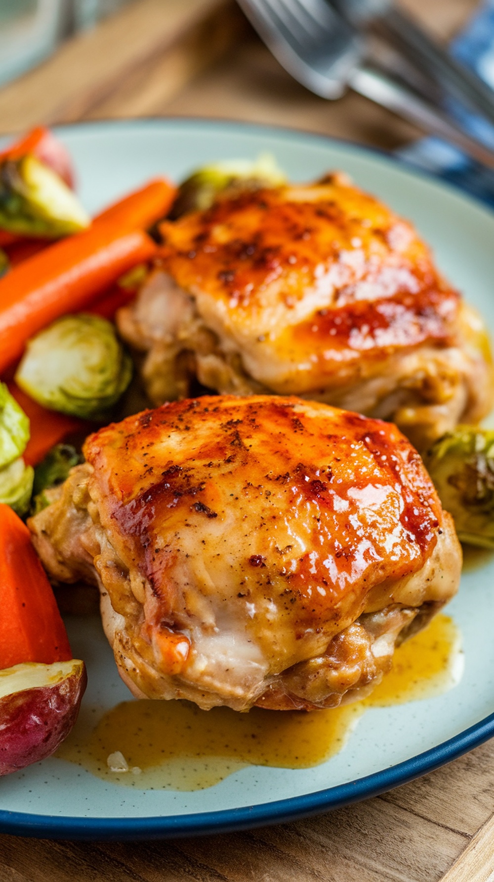 Honey mustard glazed chicken thighs served with vegetables.