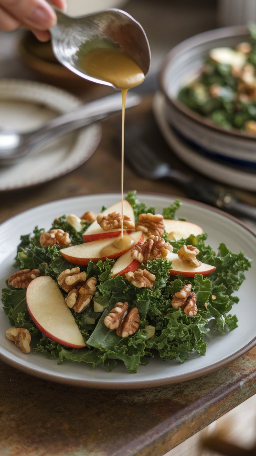 A fresh kale salad topped with apple slices and walnuts, drizzled with dressing.