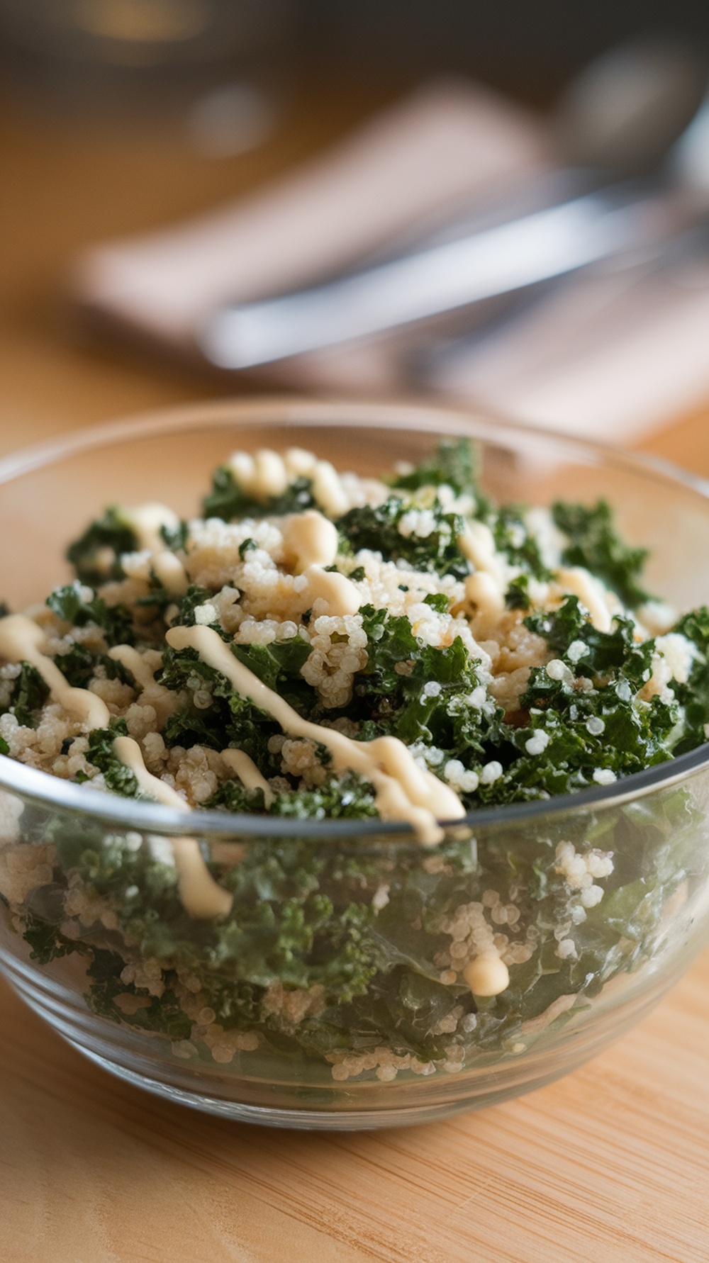 A bowl of kale and quinoa salad drizzled with lemon vinaigrette.