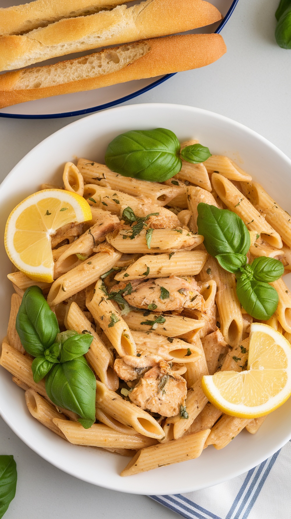 A delicious bowl of Lemon Basil Chicken Penne pasta garnished with fresh basil and lemon slices.
