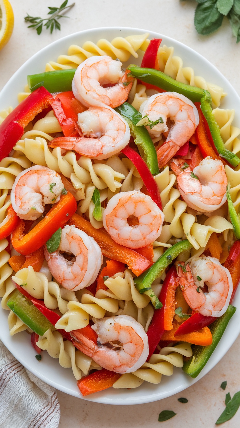 A colorful bowl of Lemon Garlic Shrimp Pasta Salad with shrimp and bell peppers.
