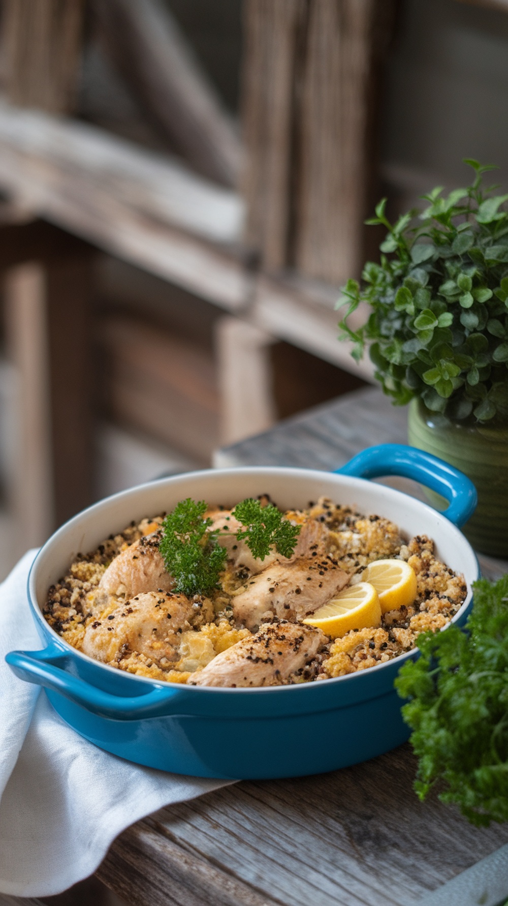 A delicious lemon herb chicken and quinoa casserole garnished with parsley.