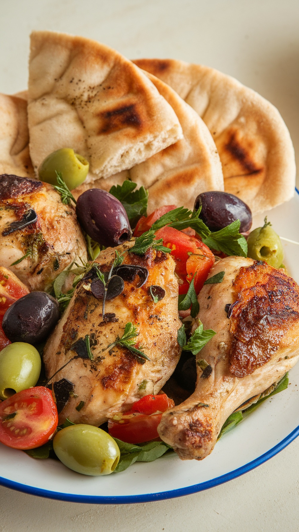 A plate of Mediterranean chicken with olives, tomatoes, and pita bread.