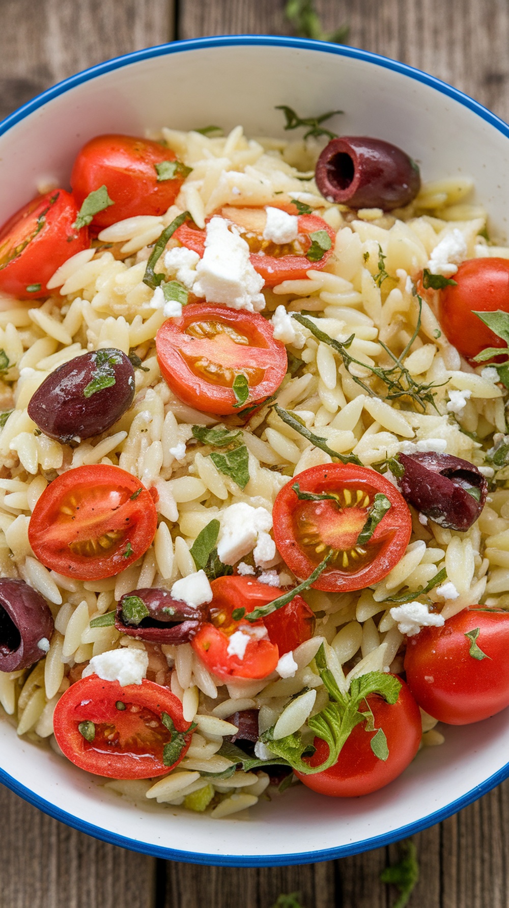 A bowl of Mediterranean orzo salad with feta, olives, and cherry tomatoes.