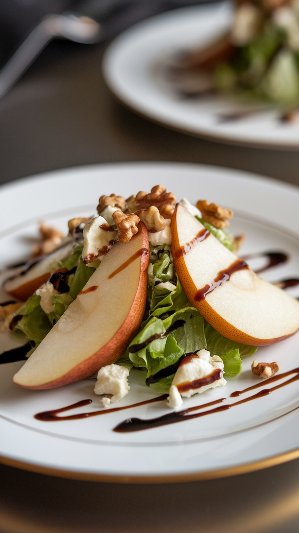 A delicious pear and gorgonzola salad with walnuts, drizzled with balsamic reduction.