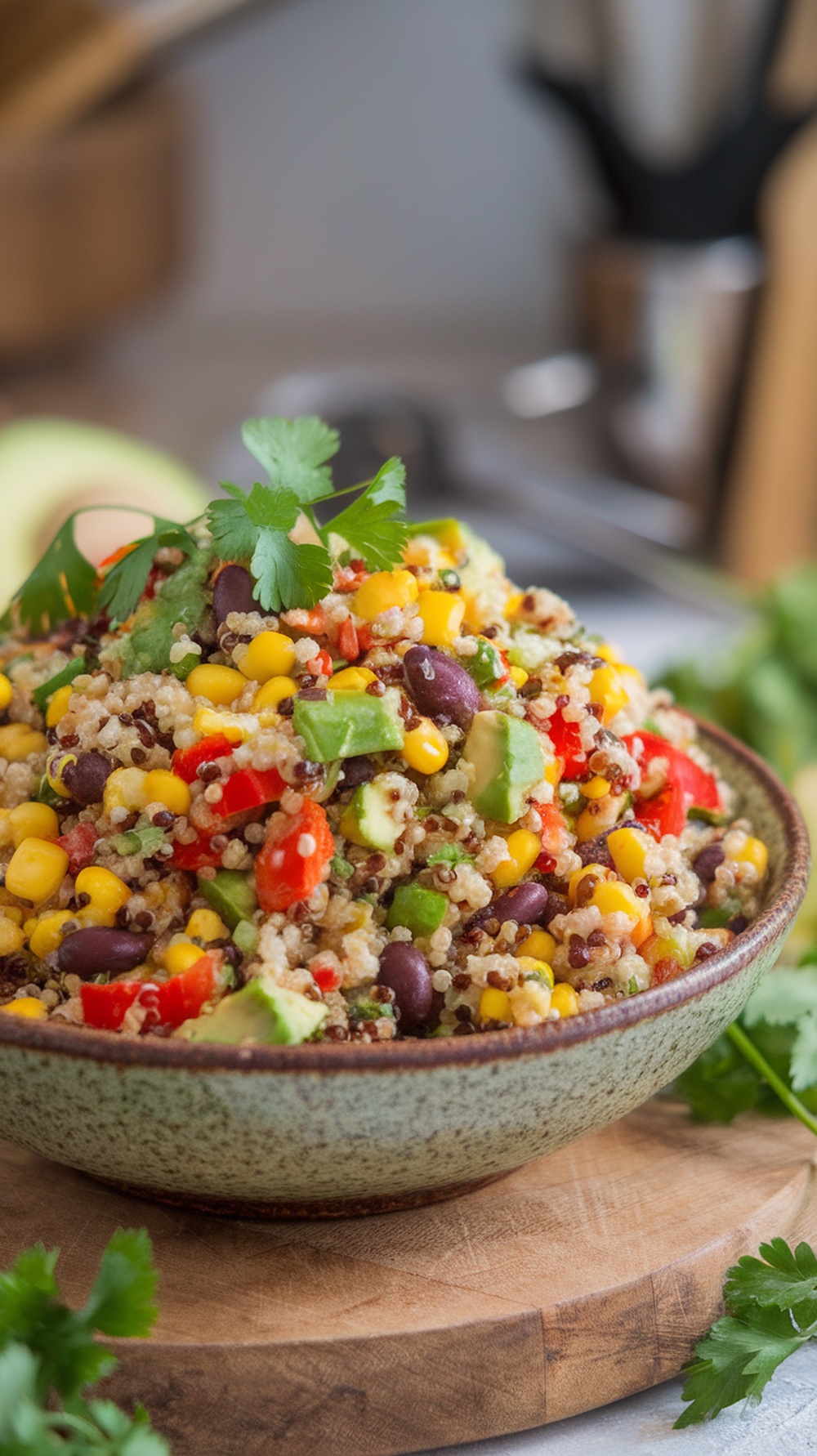 A vibrant salad made with quinoa, black beans, corn, and fresh vegetables.