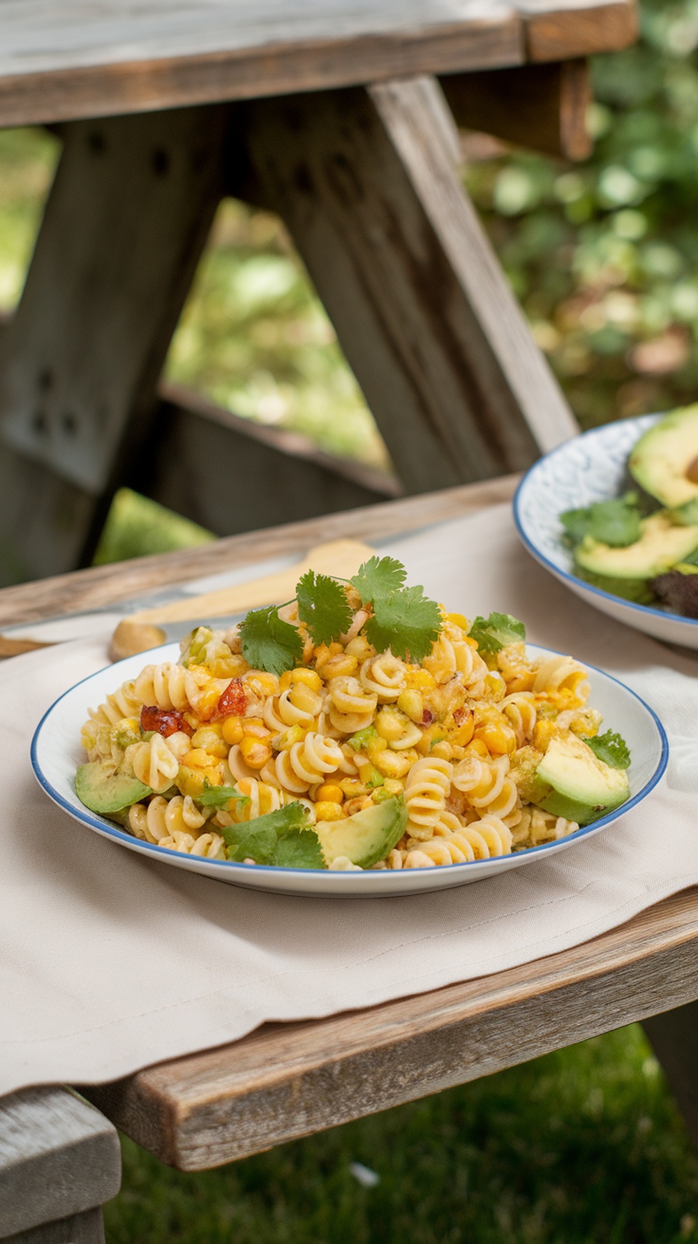 A vibrant bowl of roasted corn and avocado pasta salad garnished with cilantro.