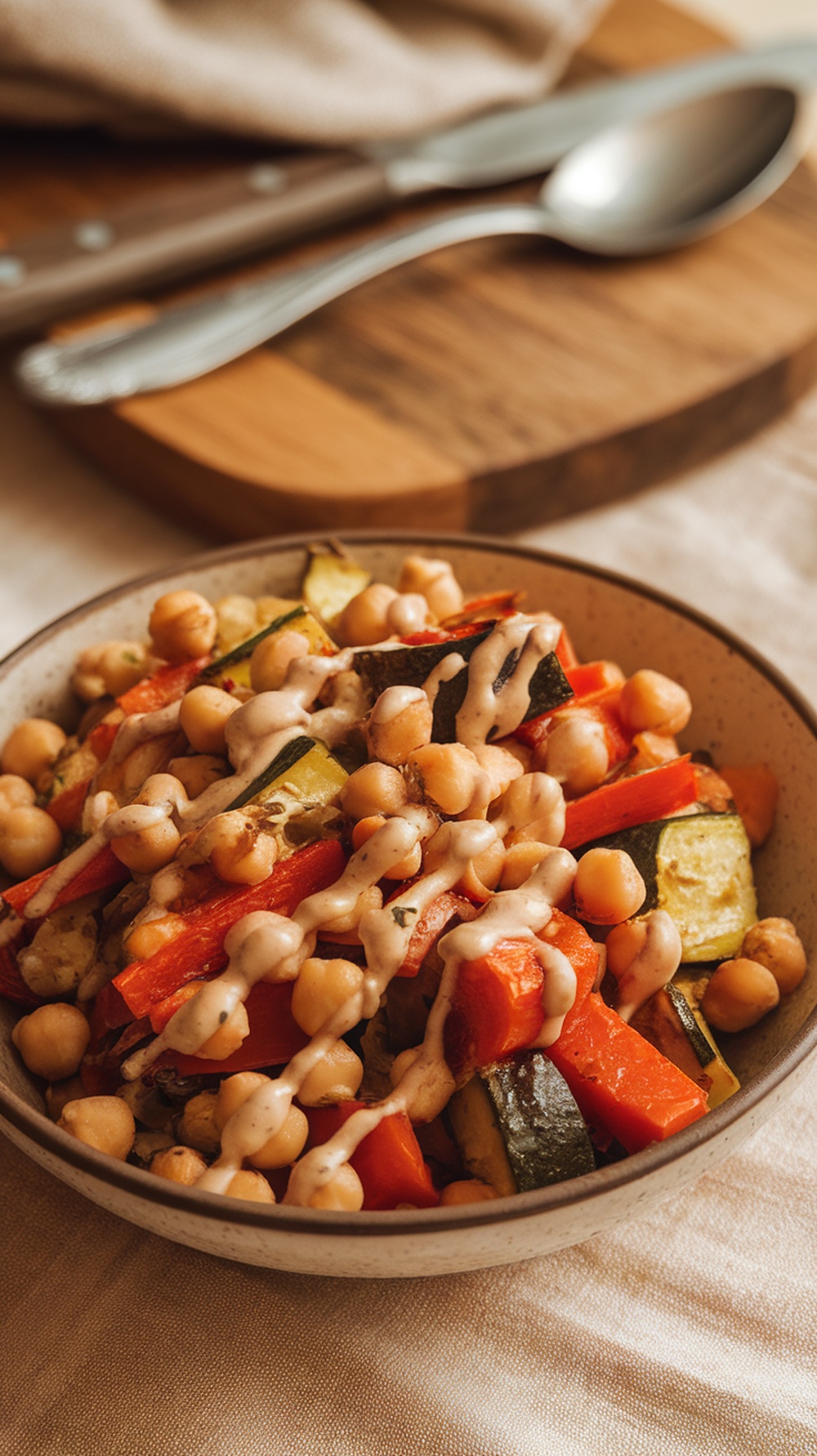 A bowl of roasted vegetable and chickpea salad drizzled with tahini dressing