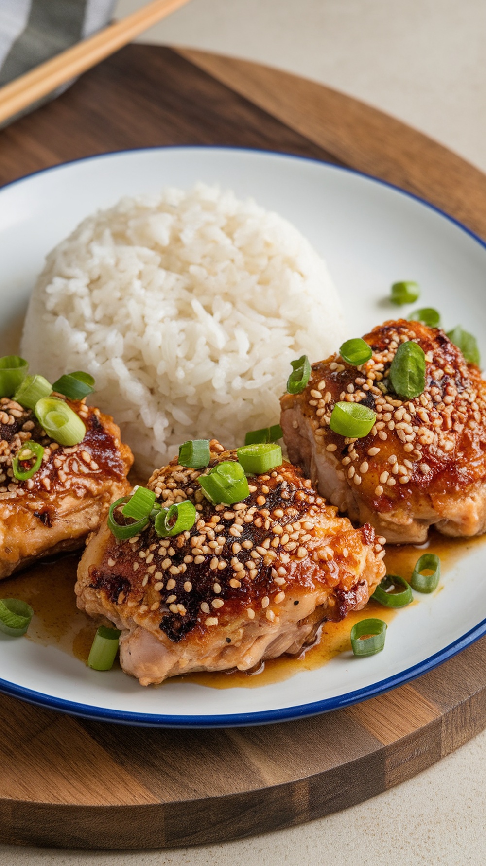 Delicious sesame soy baked chicken thighs served with rice and garnished with green onions