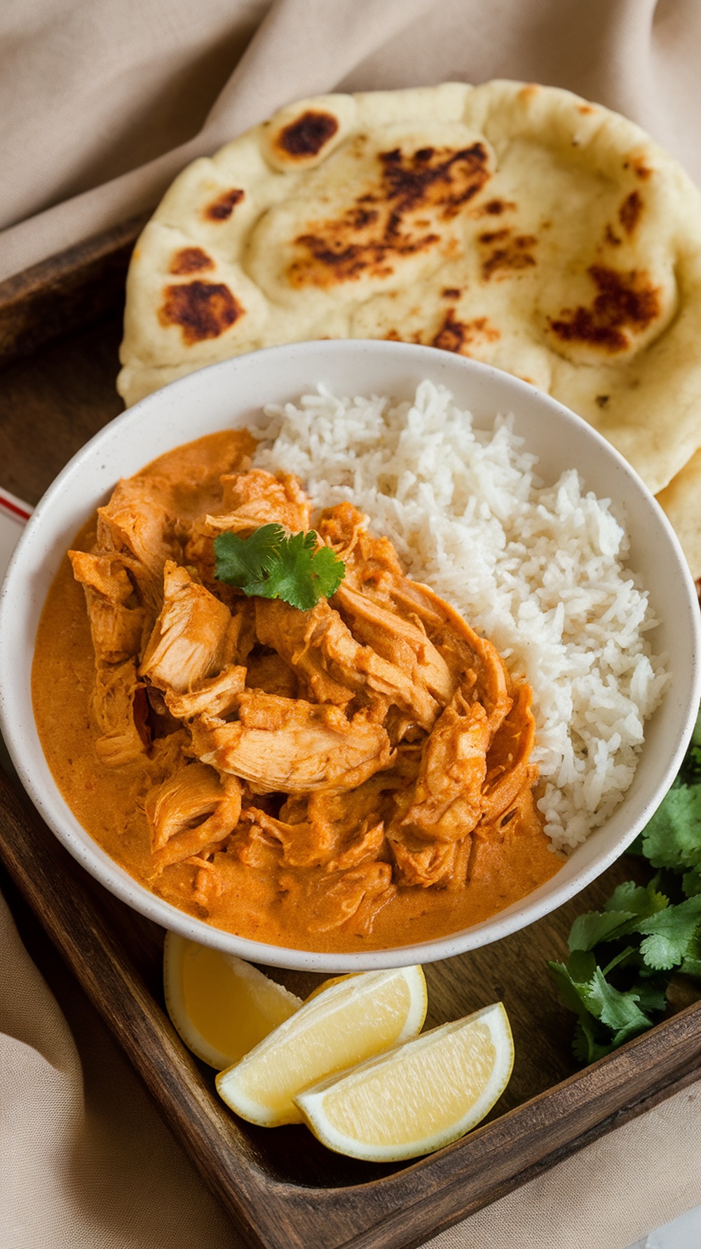 A bowl of shredded chicken curry served with rice and naan, garnished with cilantro and lemon slices.