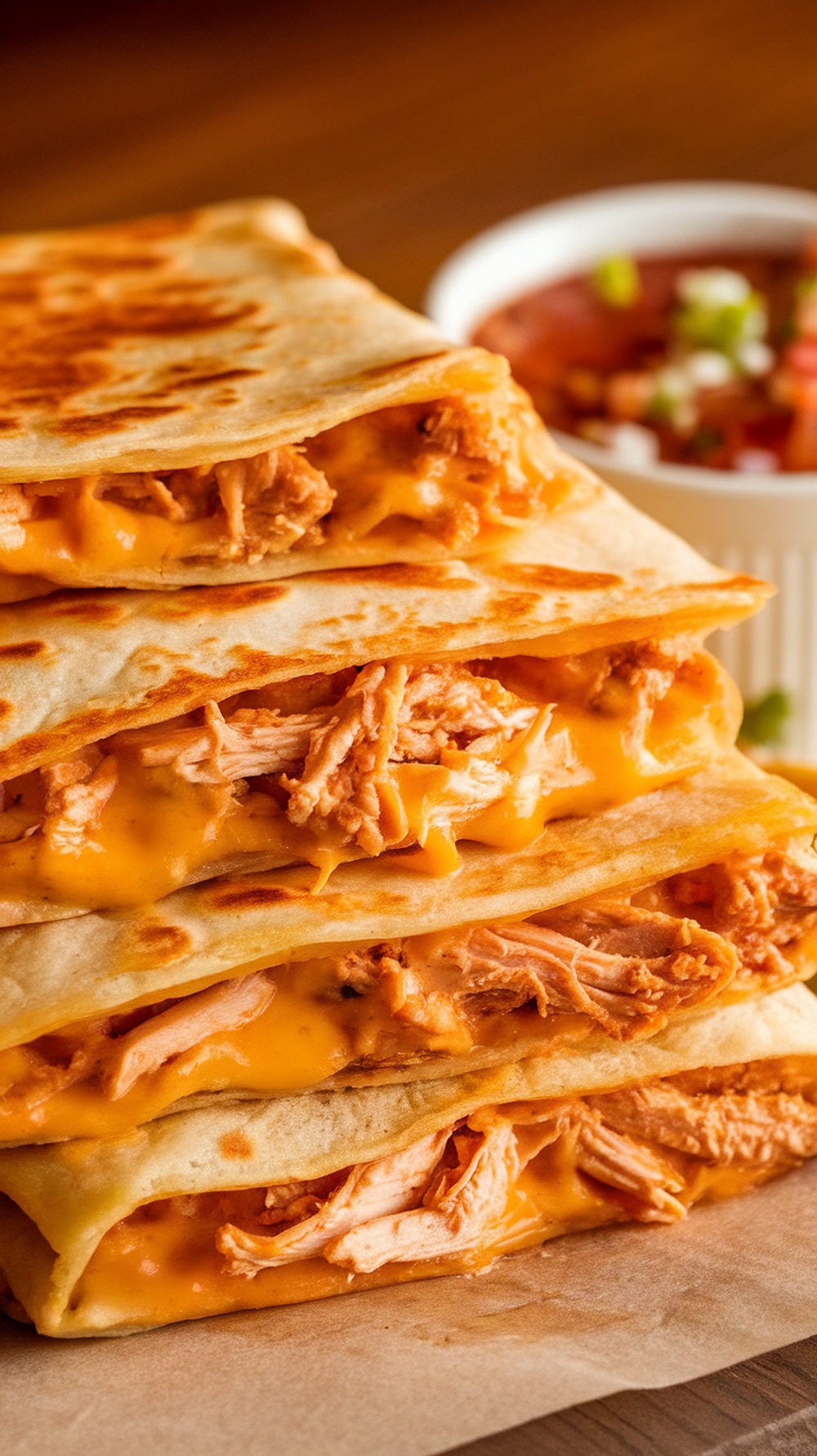 Delicious shredded chicken quesadillas stacked and served with salsa