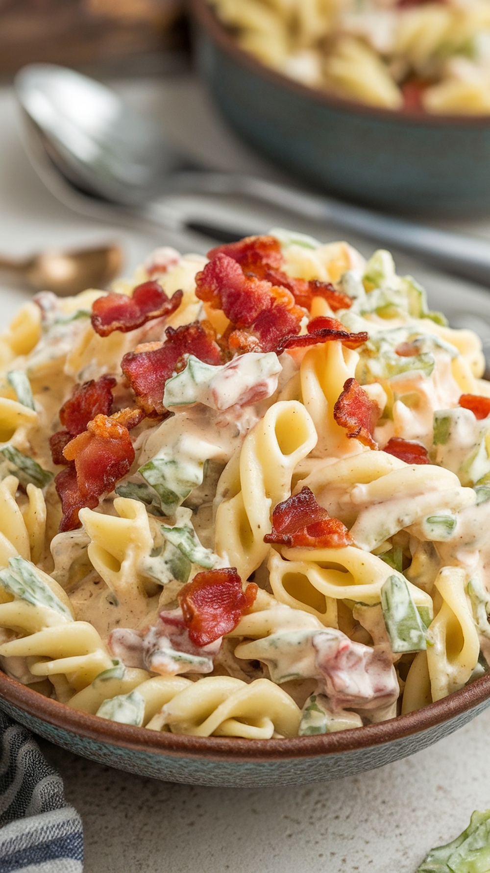 A serving of Smoky Bacon Ranch Pasta Salad, showcasing pasta, bacon, and fresh vegetables.