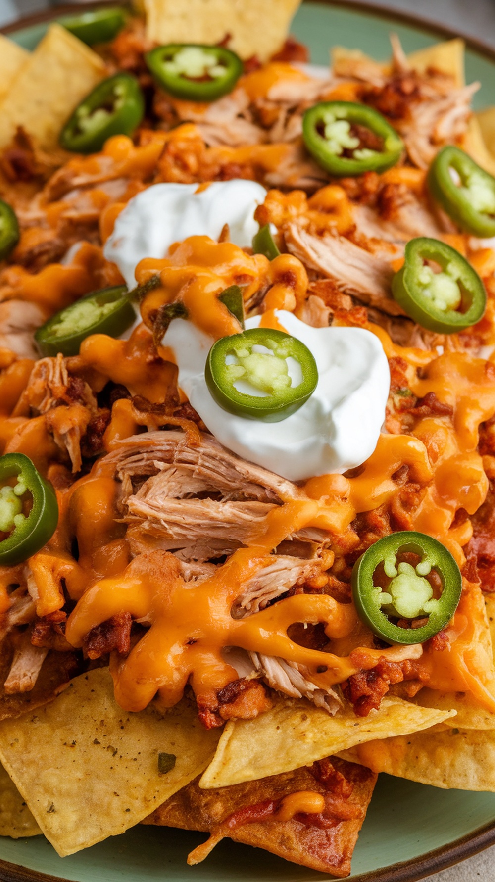 A plate of smoky shredded chicken nachos topped with cheese, jalapeños, and sour cream.