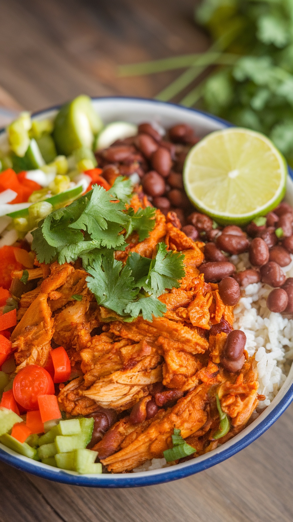 A colorful bowl of spicy shredded chicken burrito bowl with rice, beans, and fresh vegetables.
