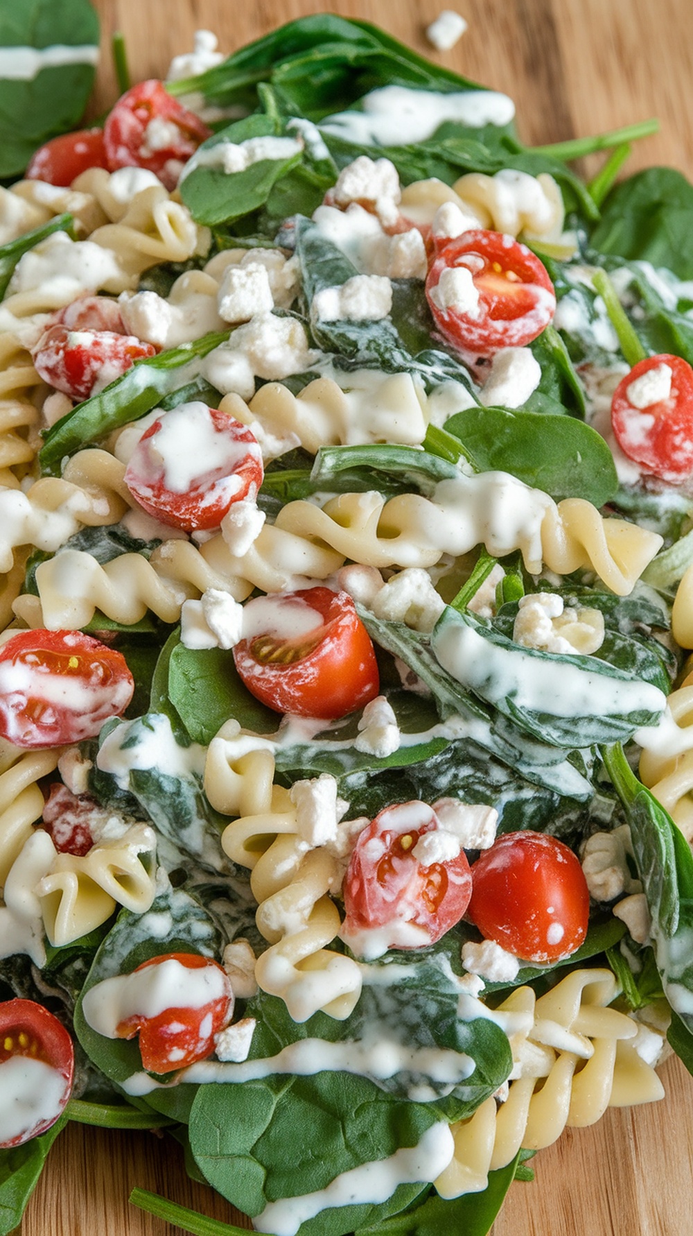 A fresh spinach and feta pasta salad with cherry tomatoes and a creamy dressing.