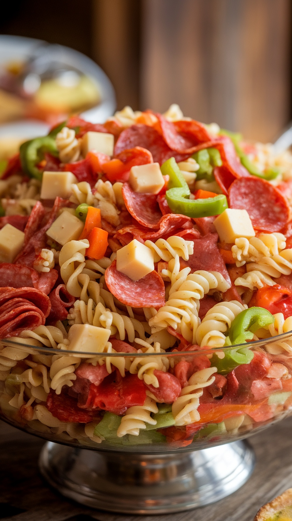 A vibrant bowl of Tangy Italian Pasta Salad with salami, cheese, and colorful vegetables.