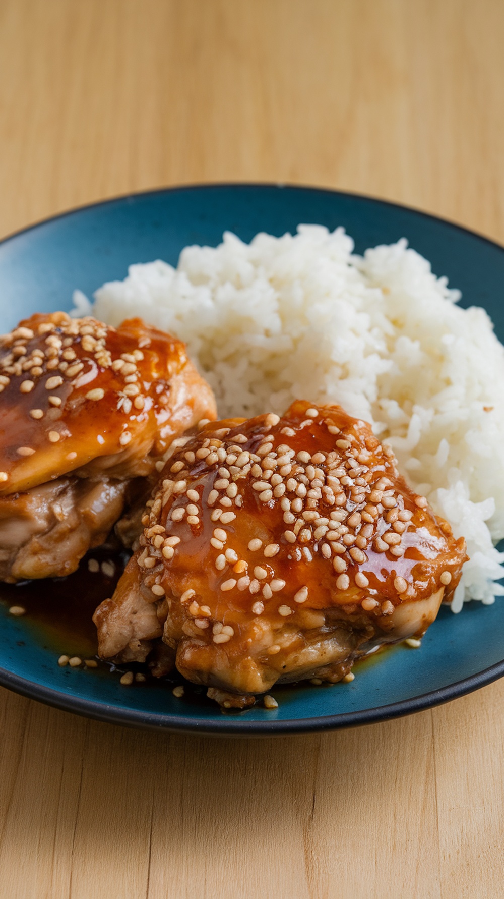 Plate of teriyaki chicken thighs served with rice and sesame seeds