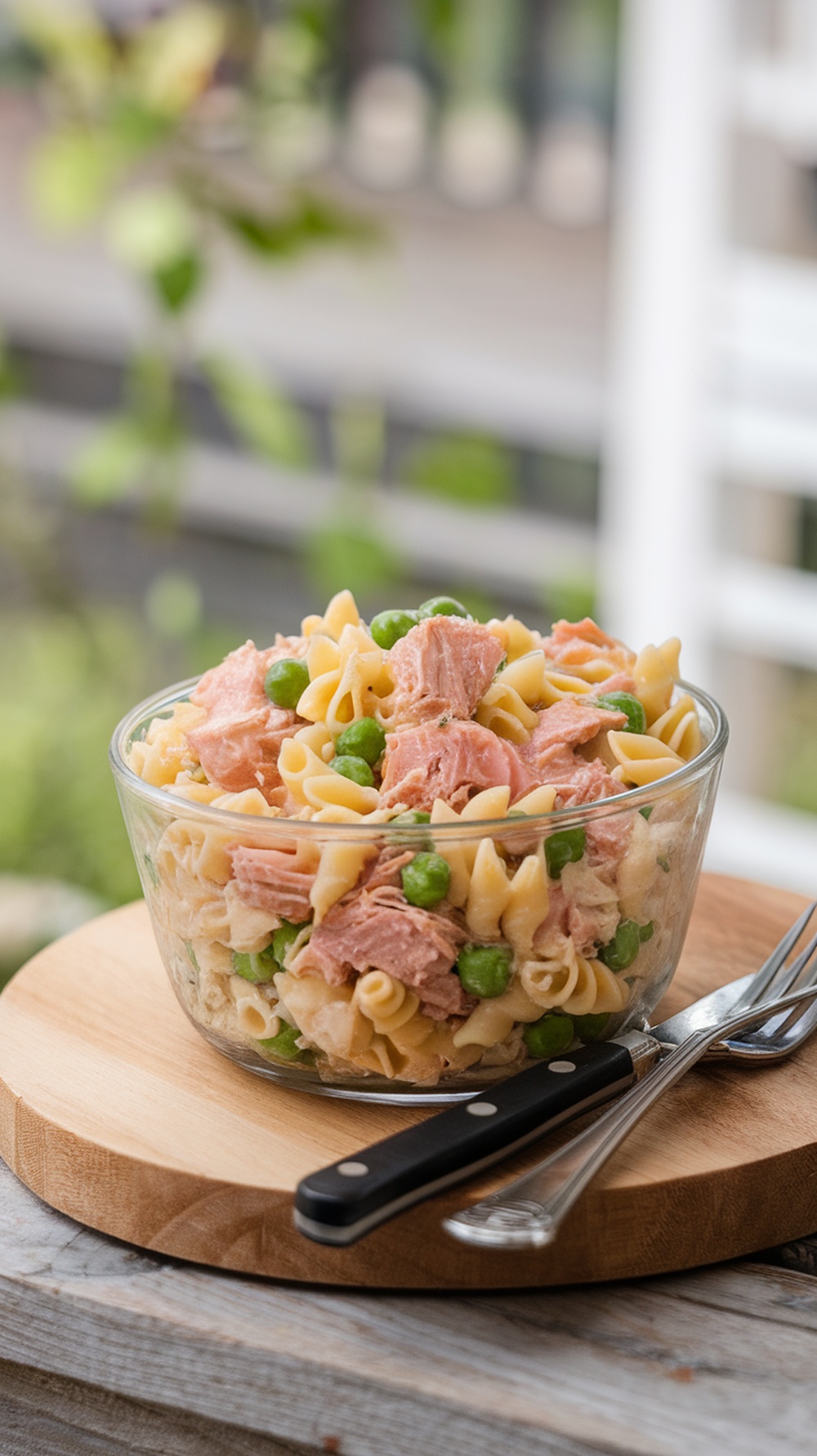 A serving of tuna pasta salad with sweet peas in a clear bowl on a wooden cutting board.