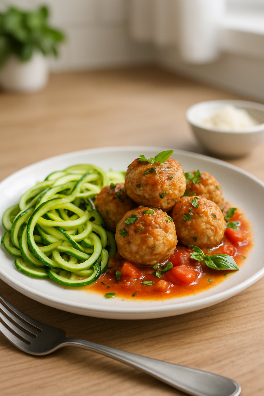 A plate of turkey meatballs served with zucchini noodles and tomato sauce on a wooden table.