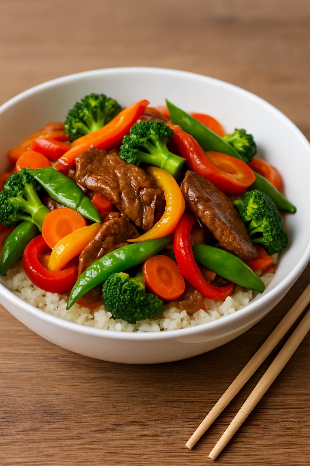 A bowl of beef and vegetable stir-fry served over cauliflower rice on a wooden table.