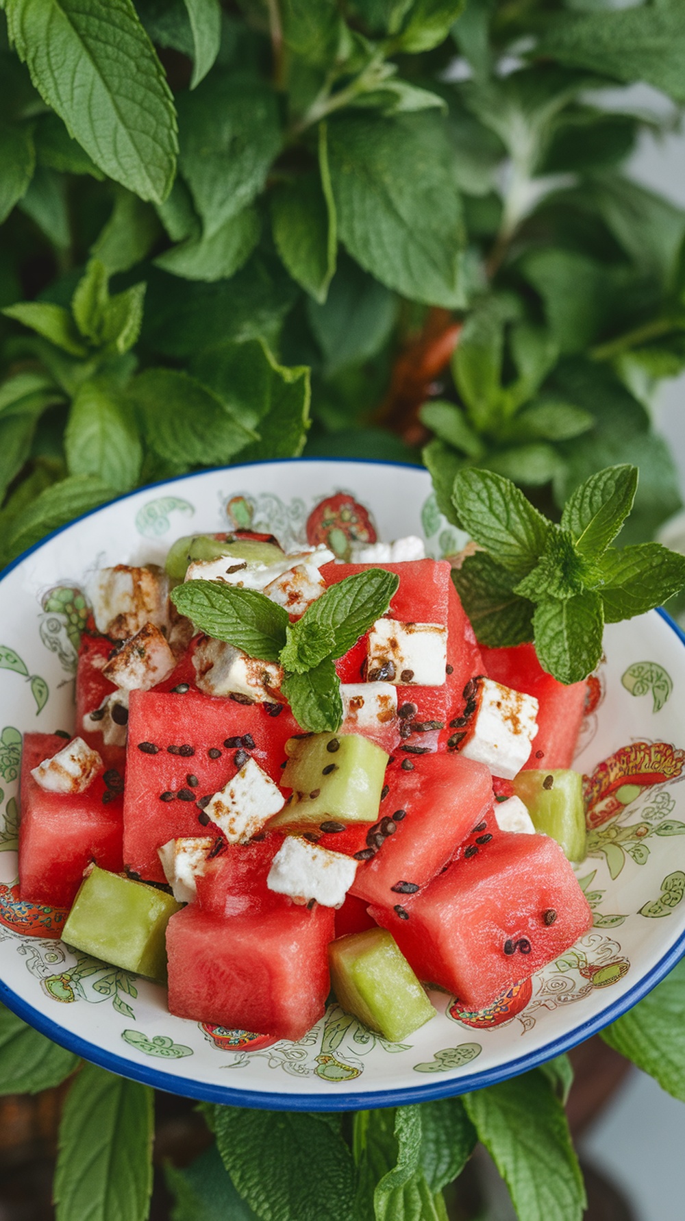 A vibrant watermelon feta salad with mint leaves, served in a decorative bowl.