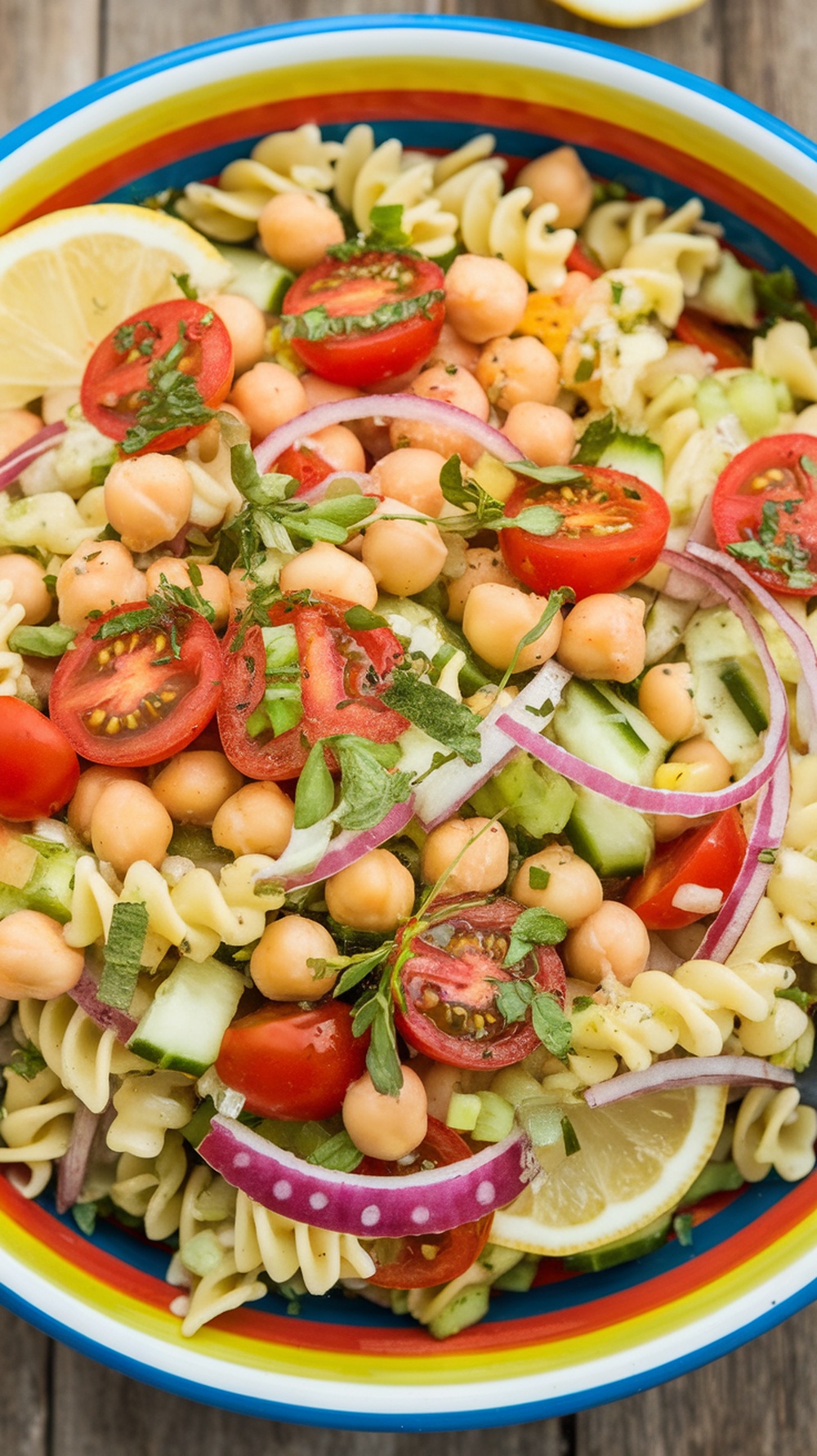 A colorful bowl of Zesty Lemon Chickpea Pasta Salad with vibrant vegetables and a lemon slice.