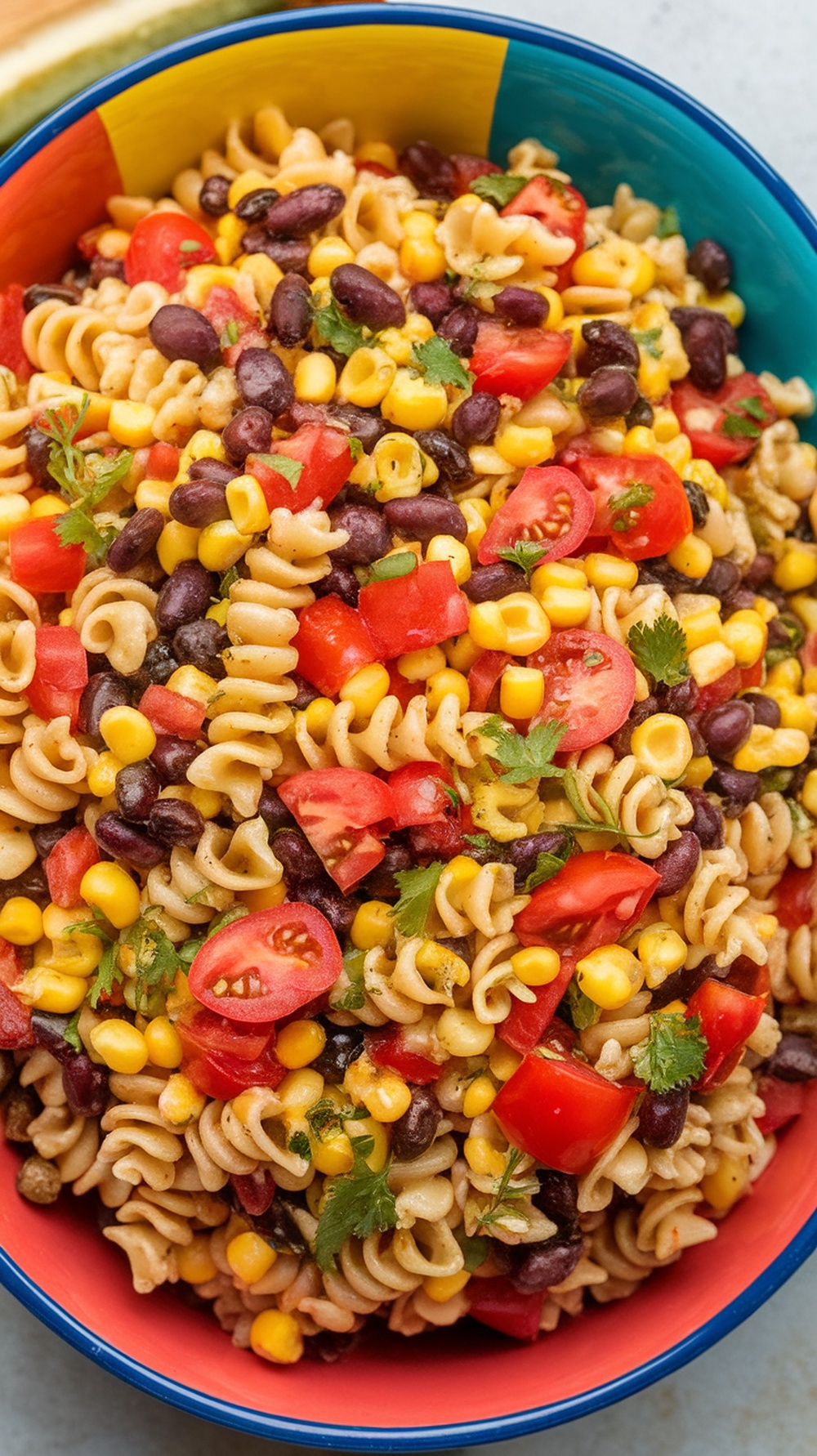 A colorful bowl of Zesty Taco Pasta Salad with black beans, corn, and tomatoes.