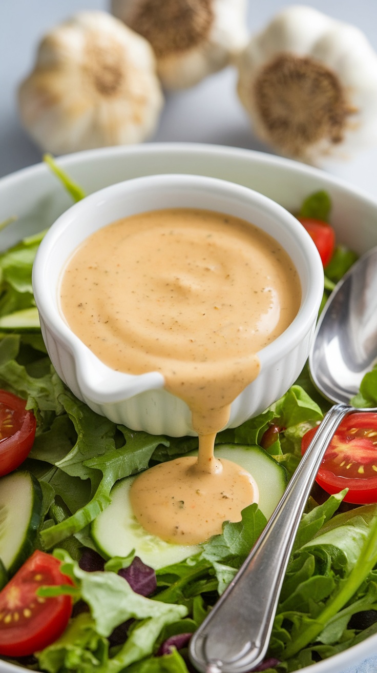 Roasted Garlic Dressing Recipe Creamy roasted garlic dressing in a bowl, served over a fresh salad with greens and vegetables.