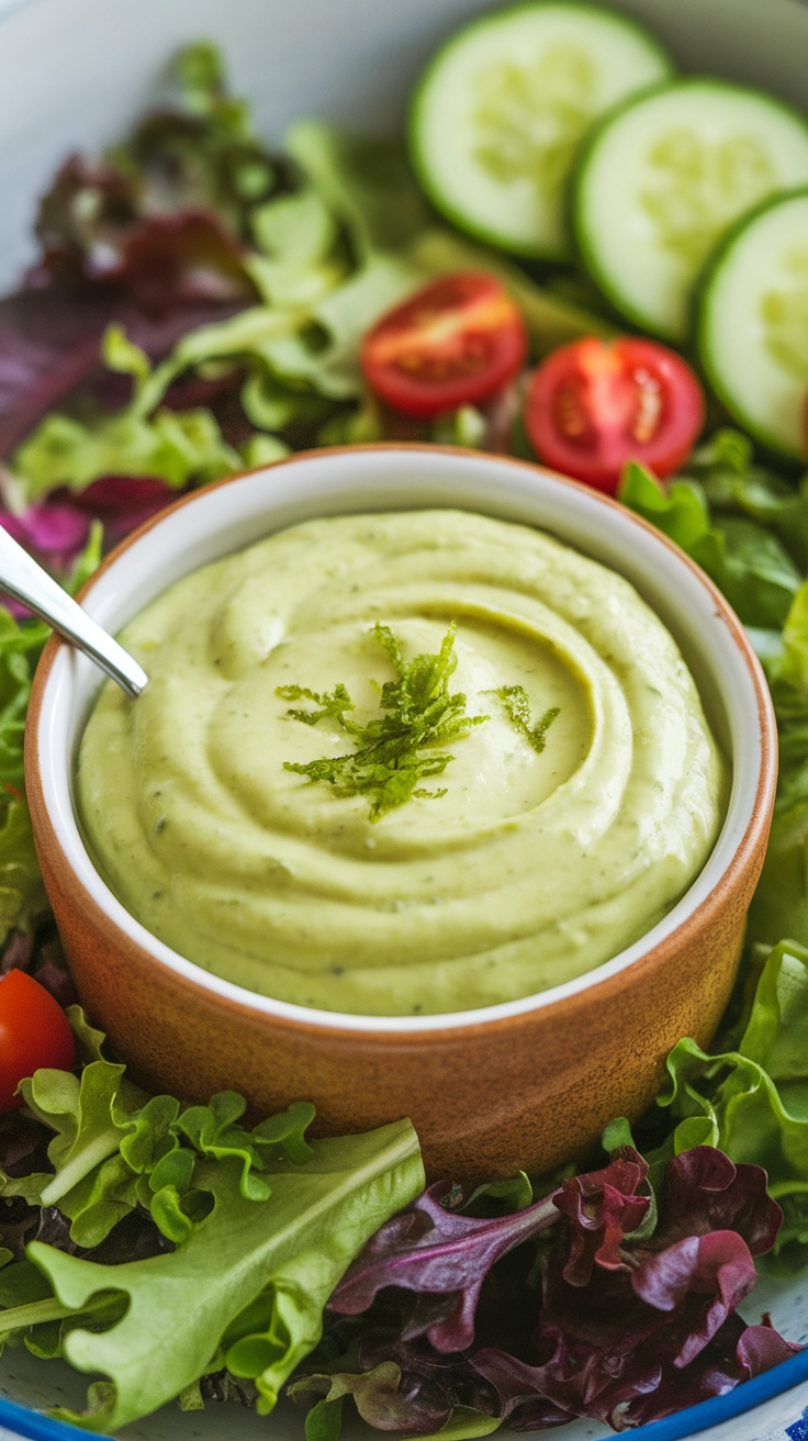 A bowl of creamy avocado dressing garnished with lime zest, surrounded by fresh salad ingredients.