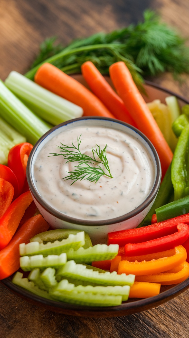 A bowl of smoky chipotle ranch dressing with fresh vegetables for dipping on a rustic table.
