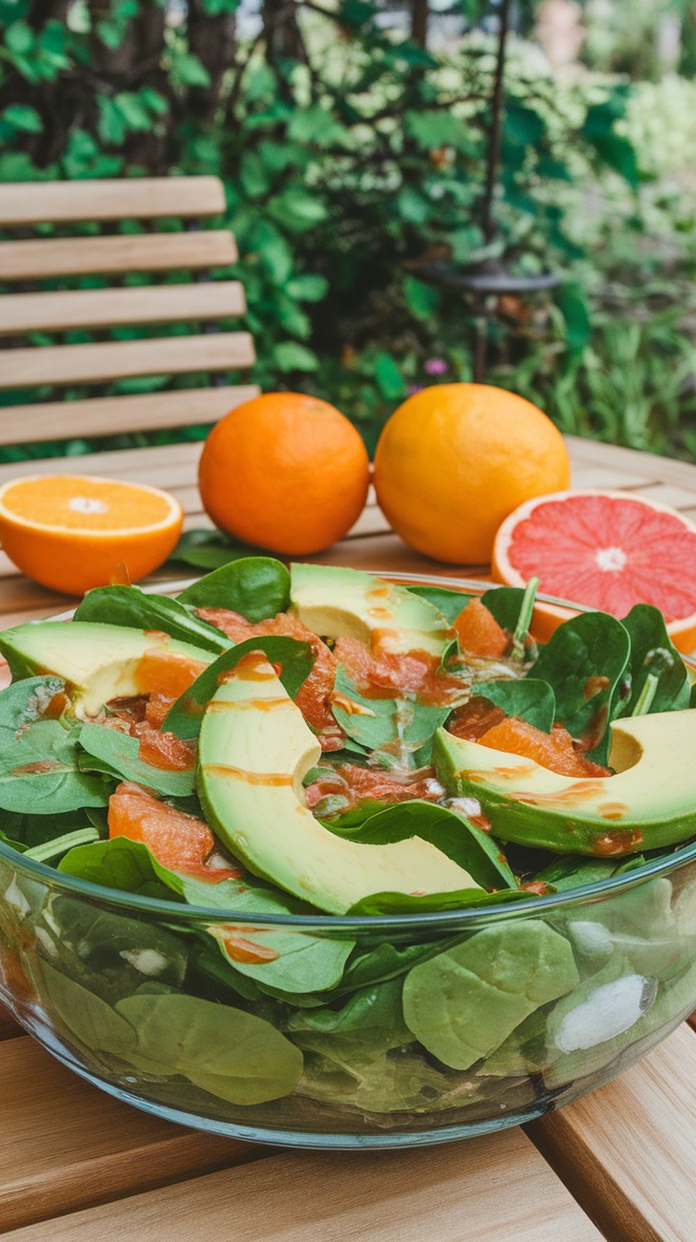 A vibrant avocado spinach salad with citrus dressing, featuring slices of avocado and orange segments, set against a backdrop of fresh oranges.