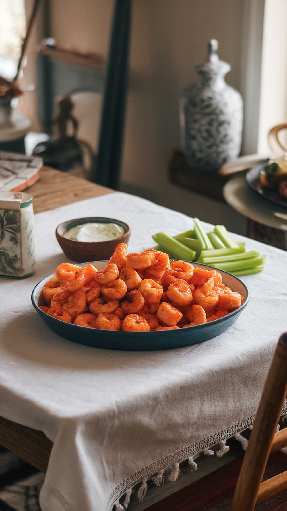 A plate of buffalo grilled shrimp with a bowl of blue cheese dip and celery sticks.