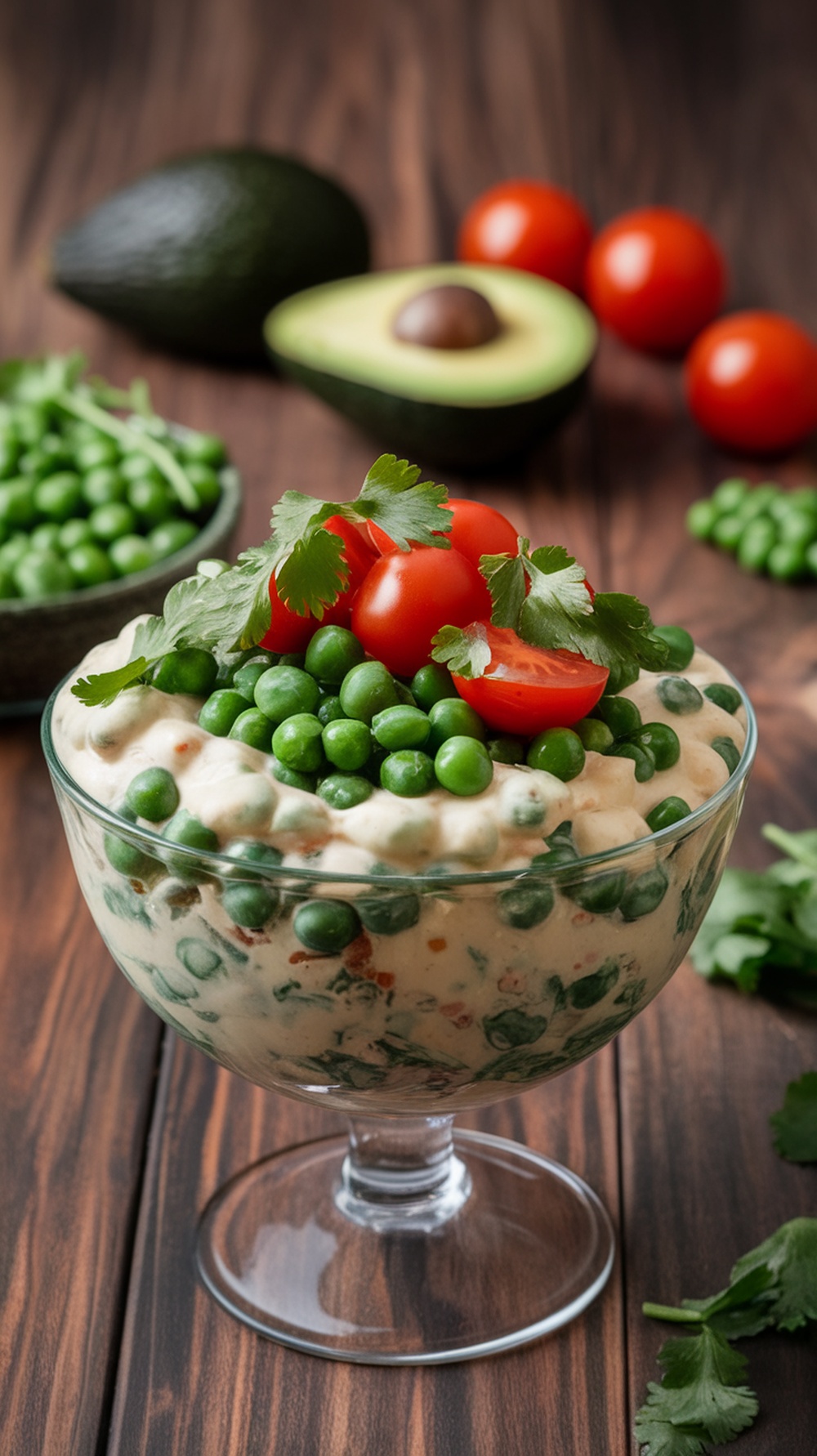 A bowl of creamy pea and avocado salad topped with cherry tomatoes and cilantro.