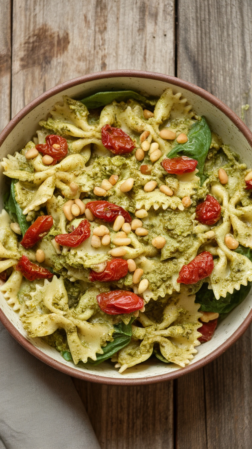 A bowl of pesto pasta salad with sun-dried tomatoes and pine nuts.