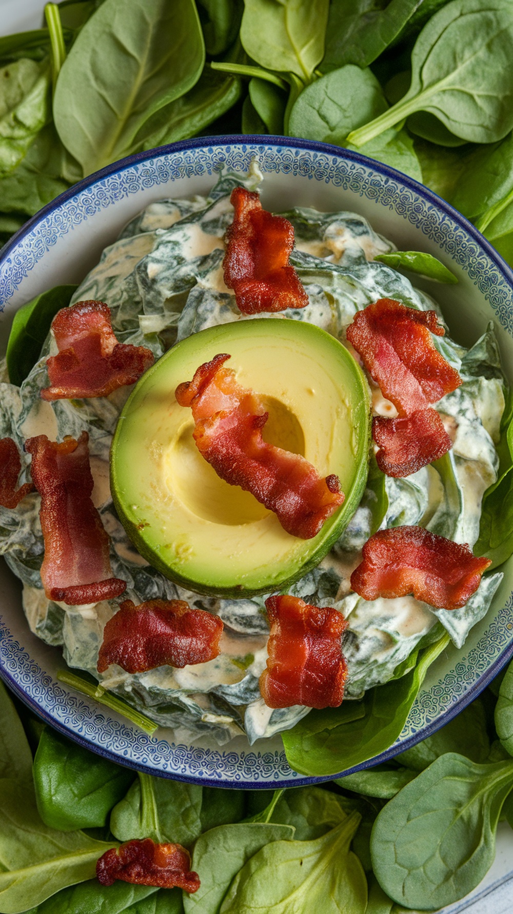 A creamy spinach salad topped with avocado and bacon, served in a bowl.