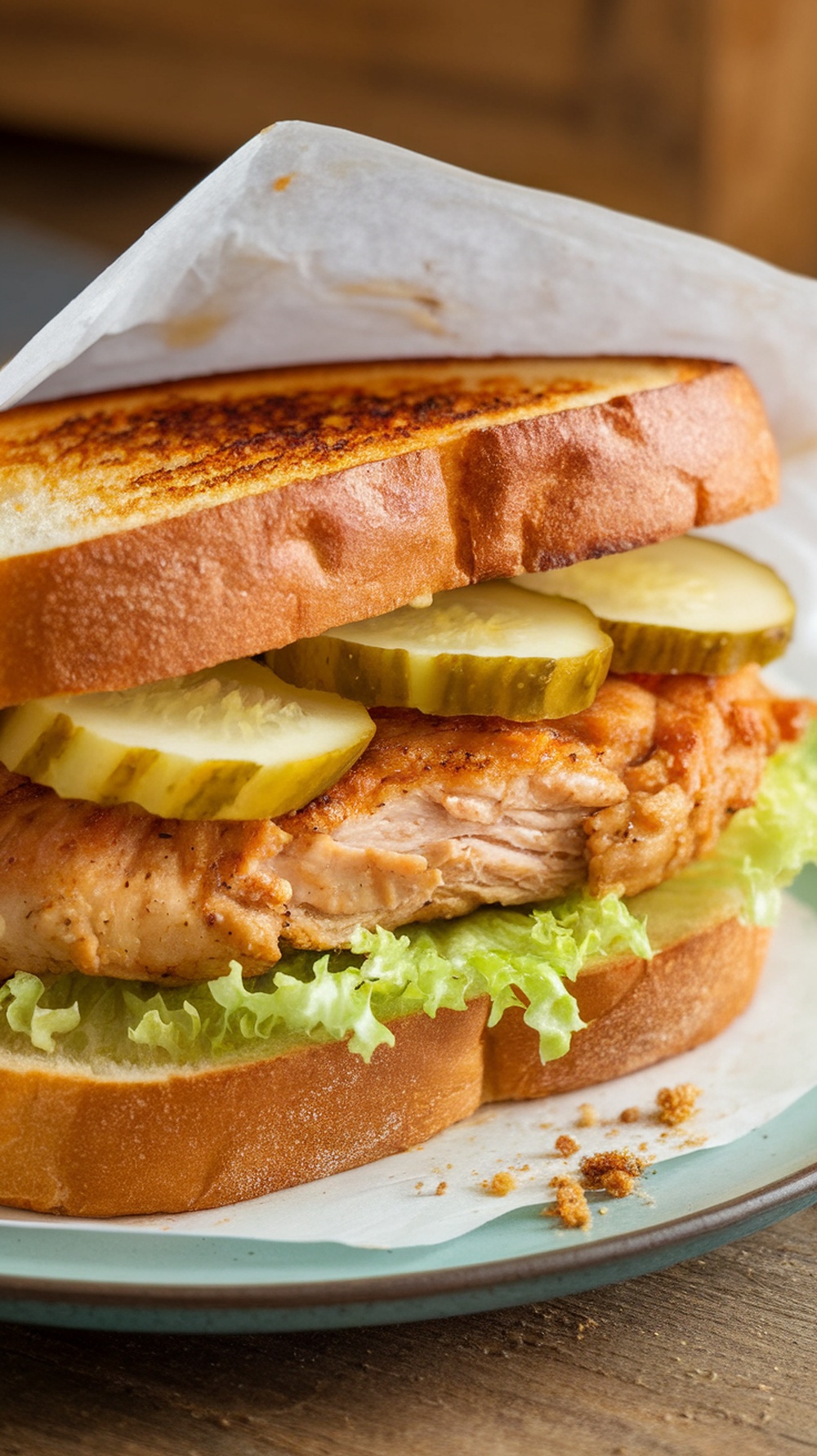A delicious Honey Mustard Grilled Chicken Sandwich with lettuce and pickles.