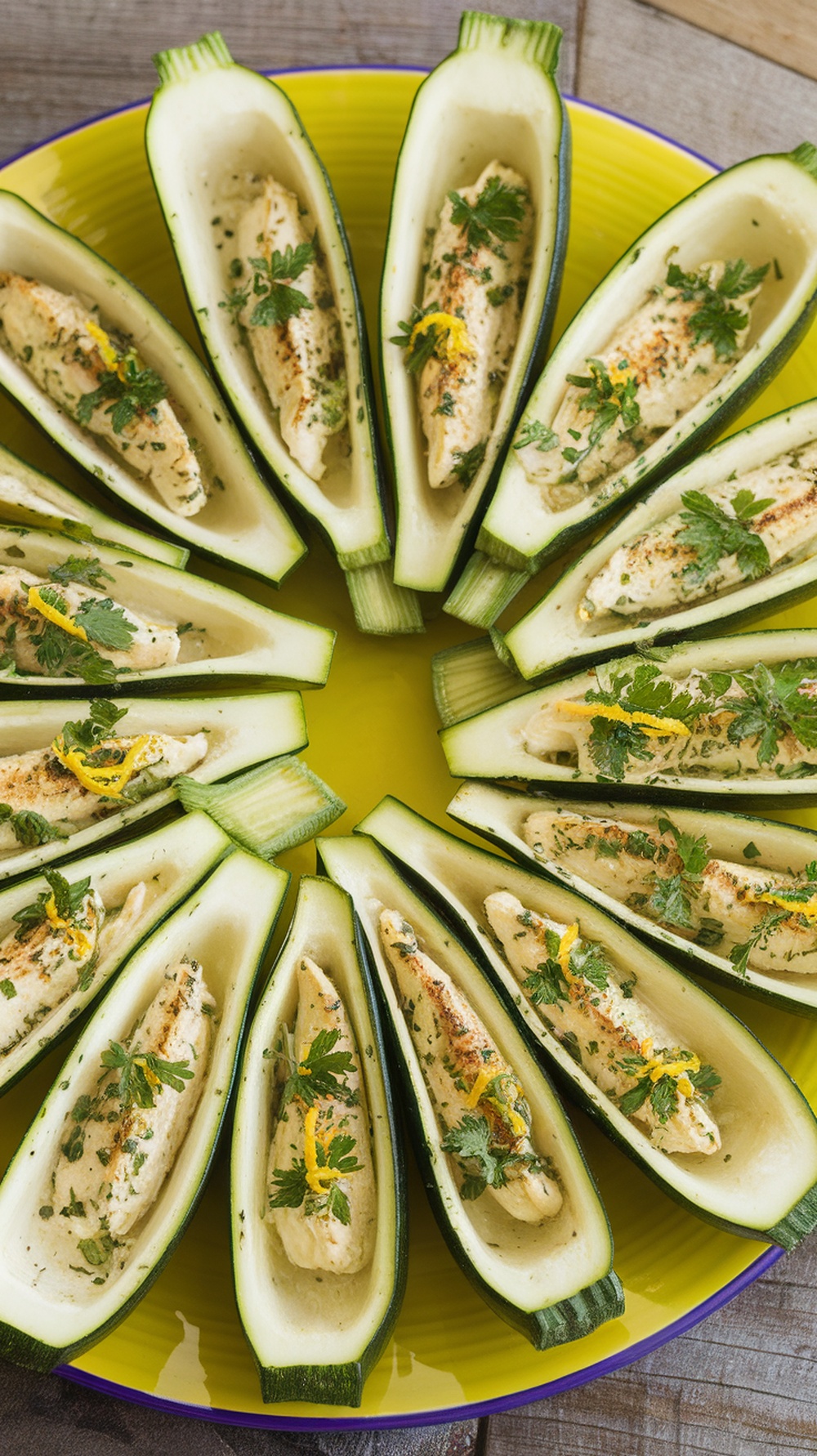 Grilled zucchini boats filled with herb cheese mixture on a colorful plate.