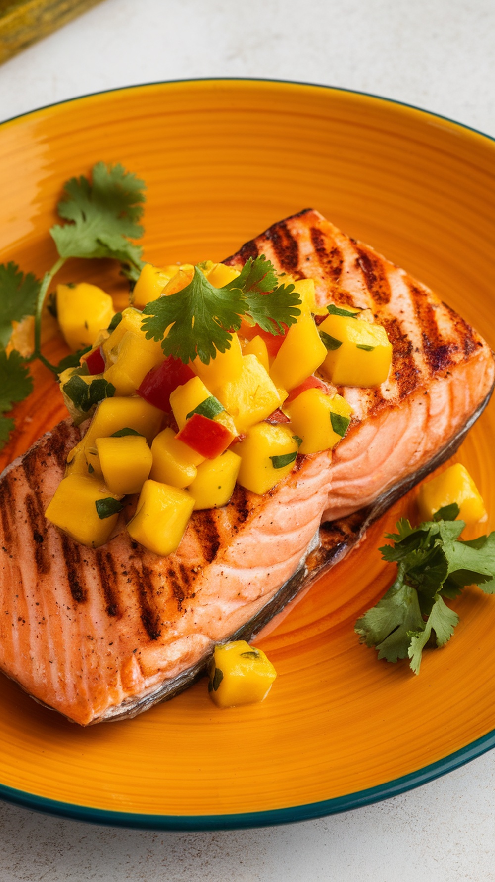 Grilled salmon topped with mango salsa on a colorful plate