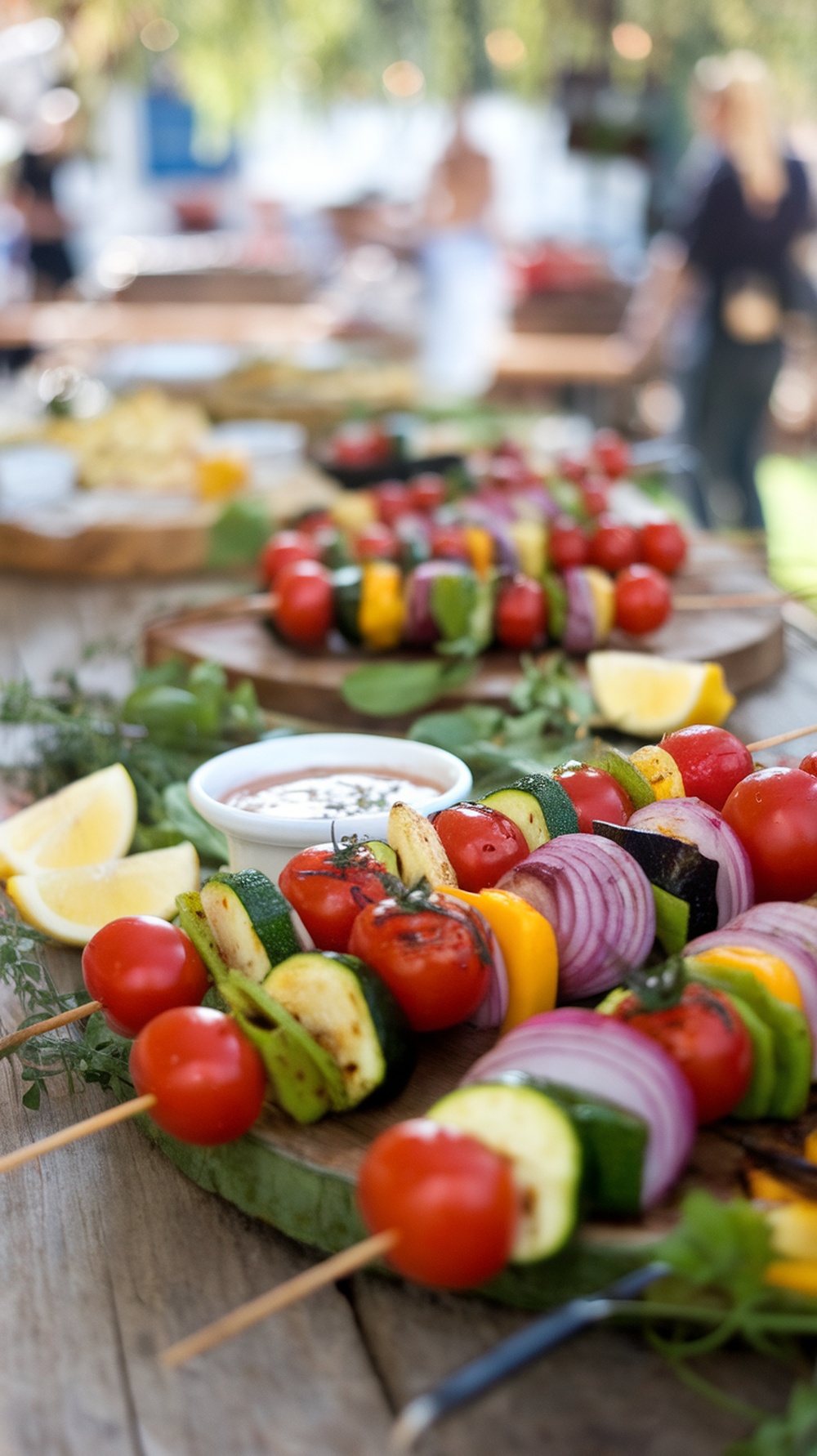 Colorful Mediterranean-inspired grilled veggie skewers on a wooden platter with lemon and dipping sauce