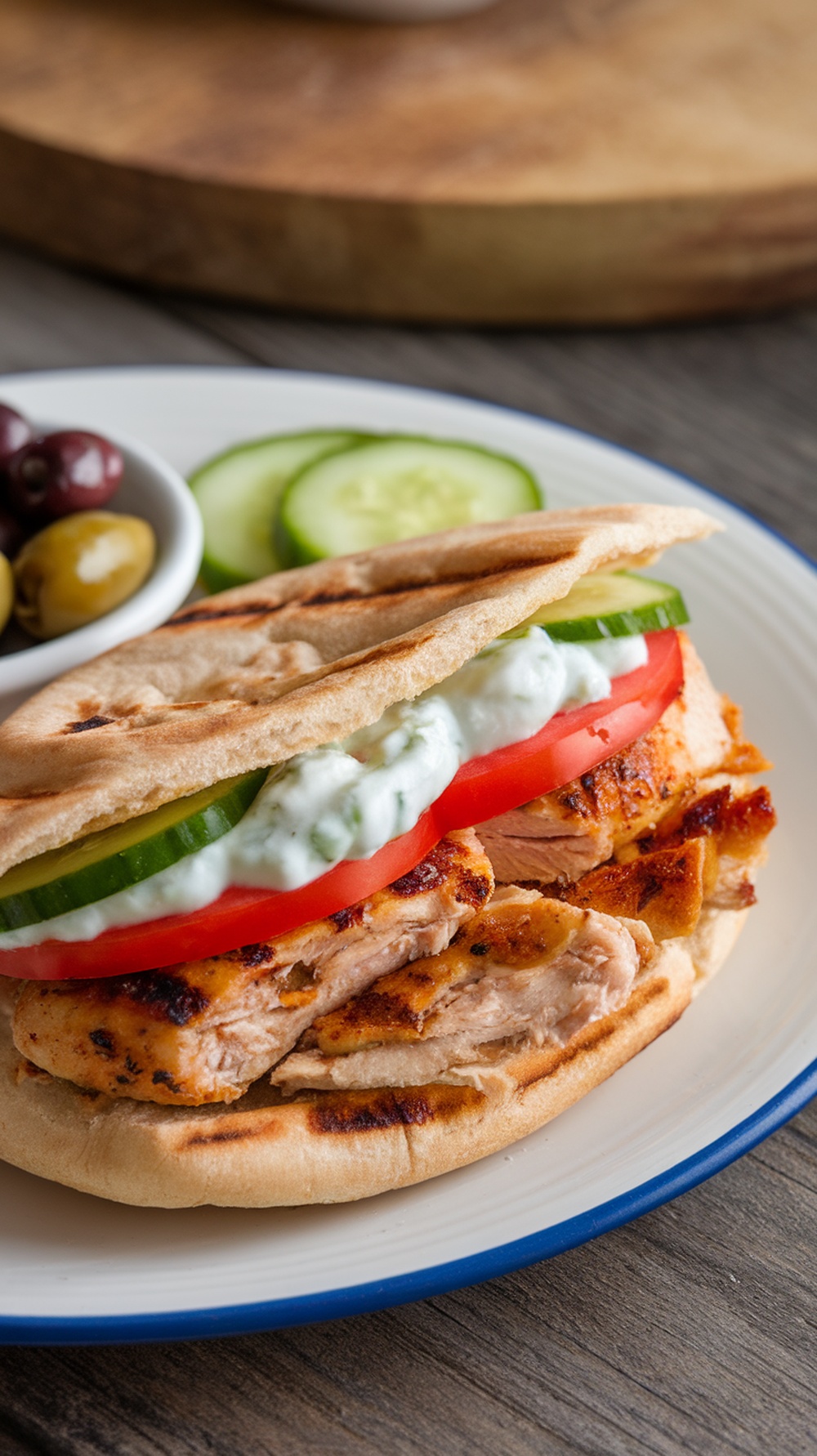 A Mediterranean grilled chicken pita sandwich with cucumber, tomato, and tzatziki sauce.