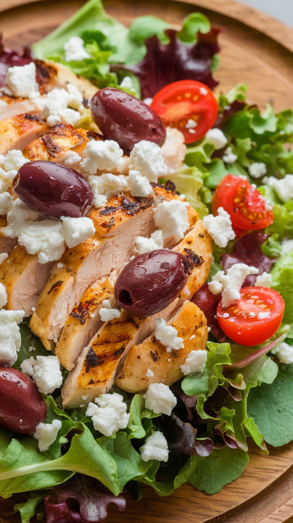 A colorful Mediterranean grilled chicken salad topped with feta cheese and olives.