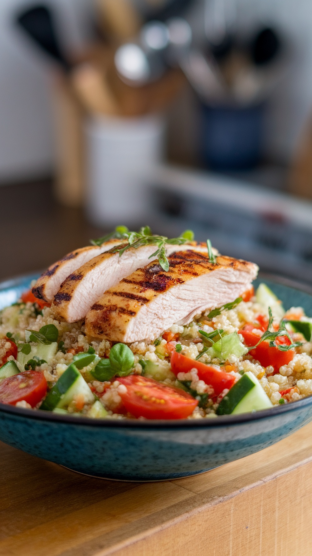 A colorful Mediterranean quinoa grilled chicken salad with sliced grilled chicken on top.