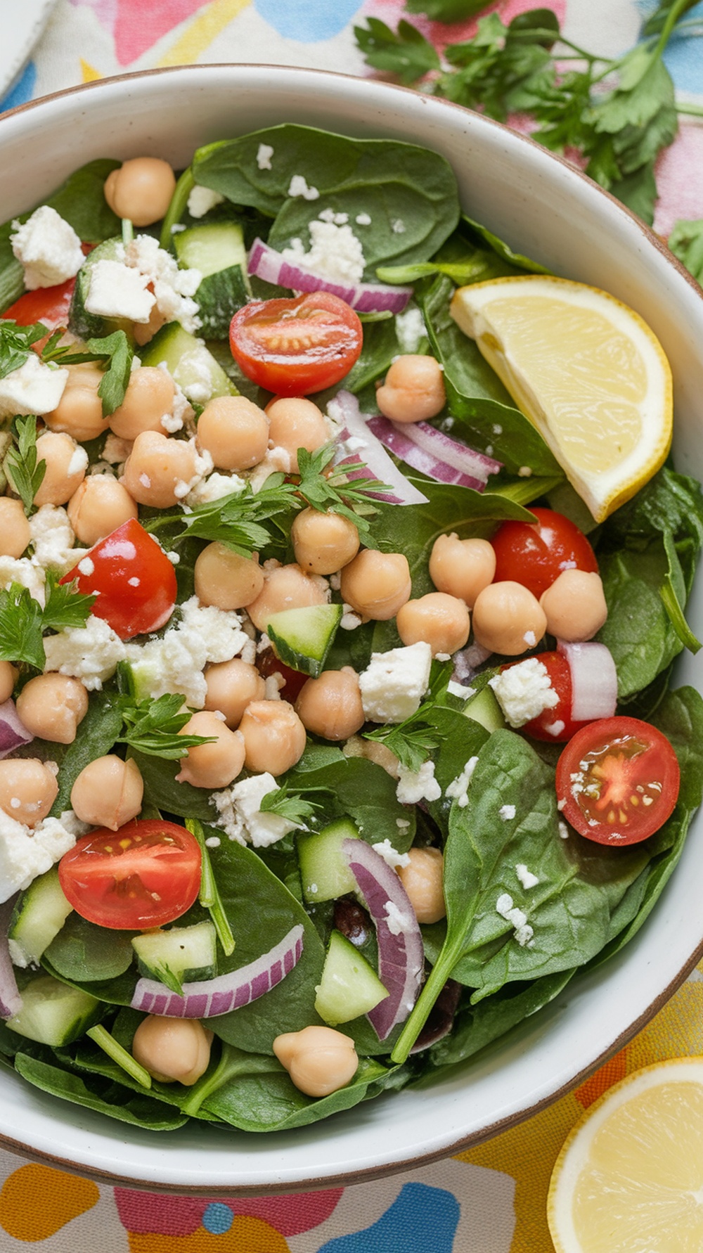A colorful Mediterranean spinach salad with chickpeas, feta, and fresh vegetables.