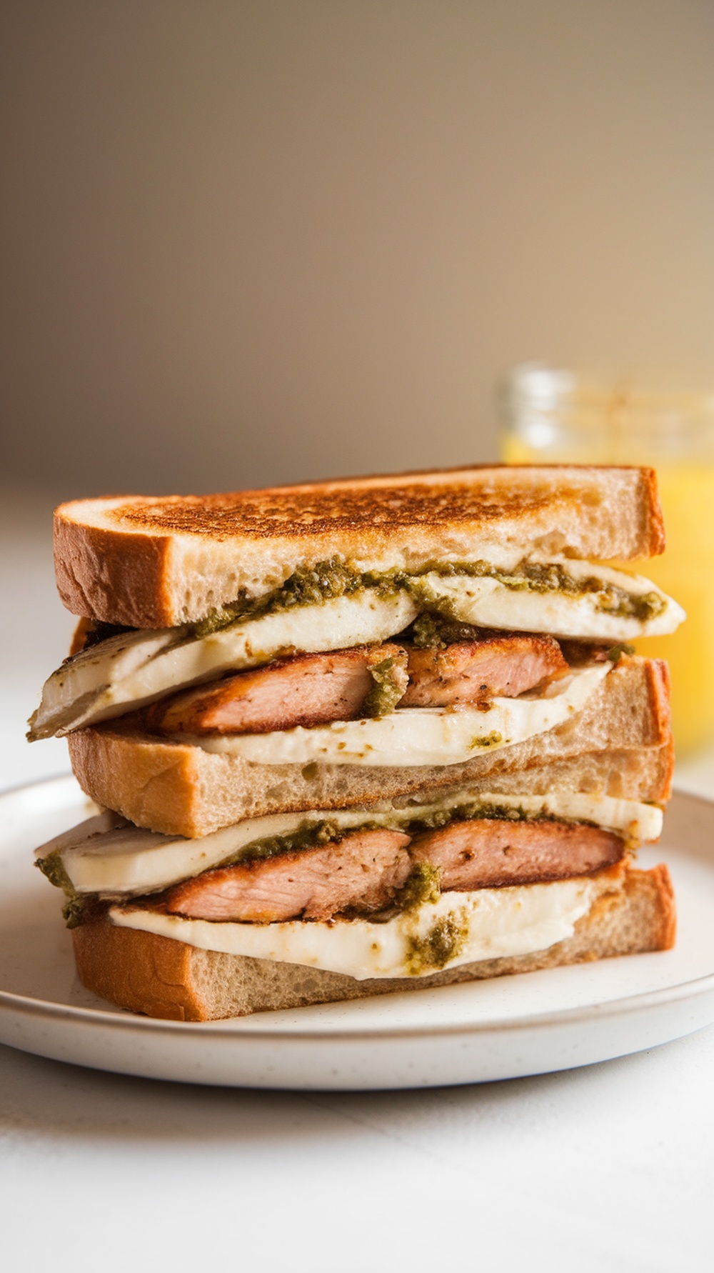 A delicious Pesto Chicken and Mozzarella Grilled Cheese sandwich stacked on a plate.