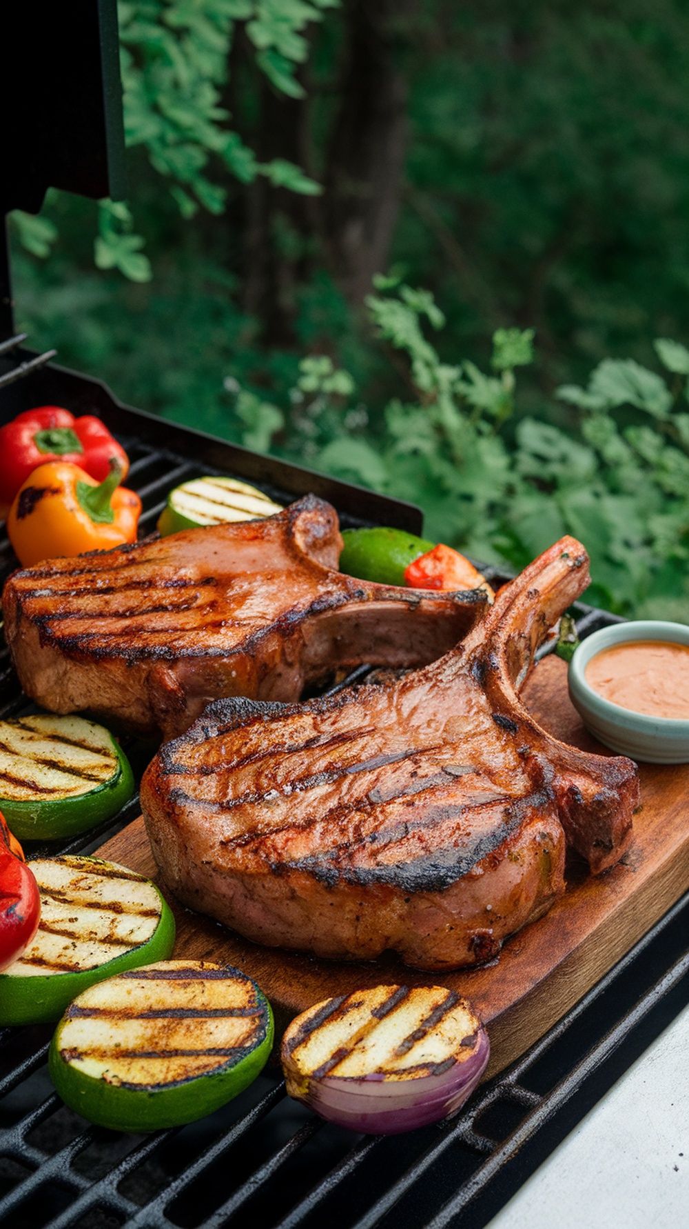 Grilled pork chops with colorful vegetables on a grill.