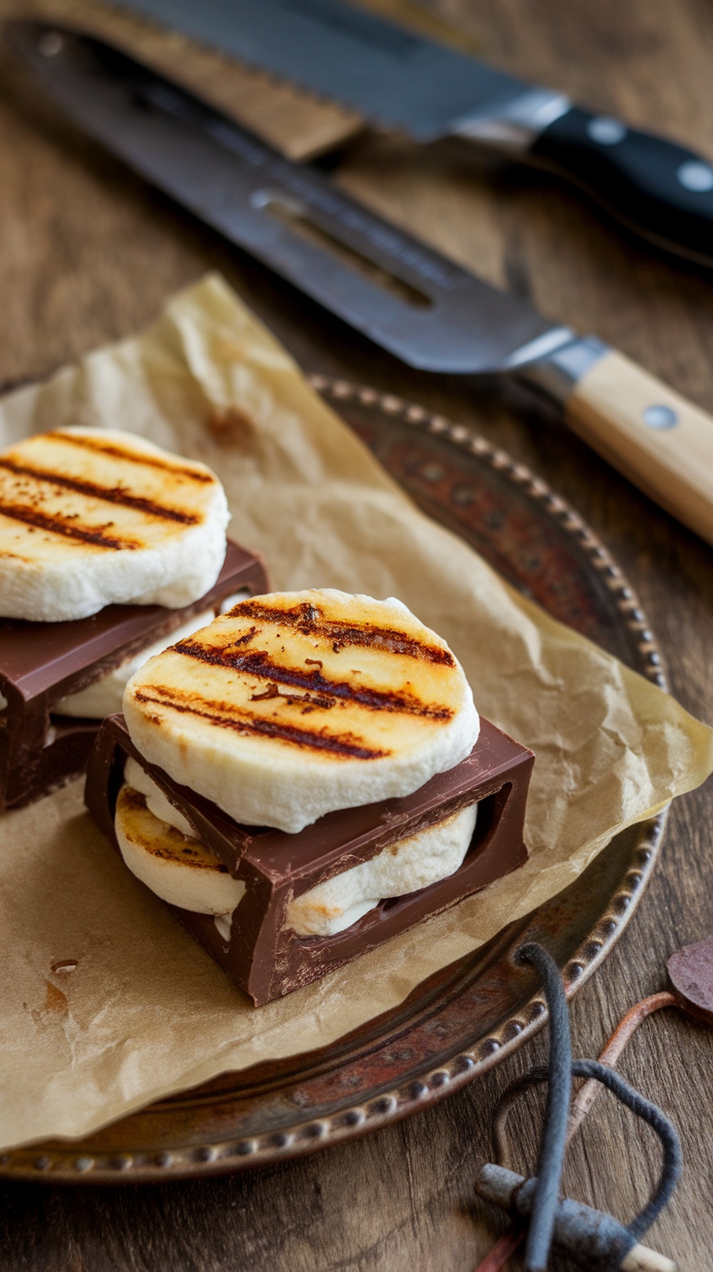 Smoky Chocolate Banana S'mores on a plate with grill marks on marshmallows