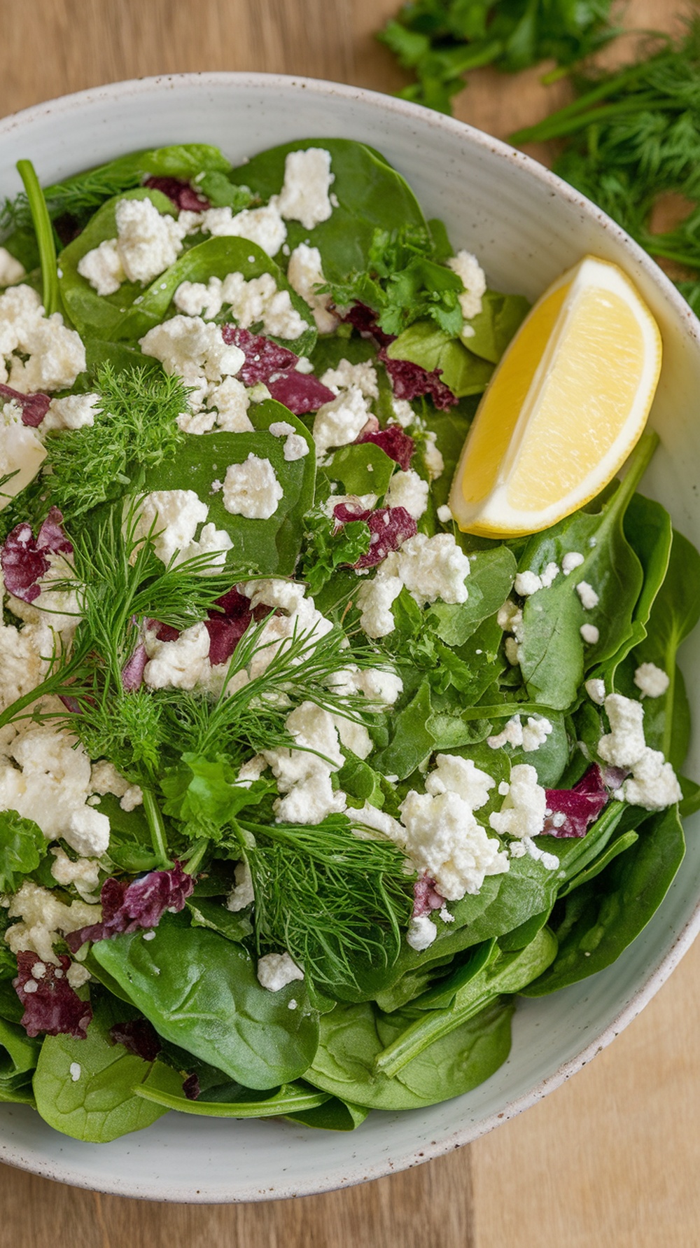 A fresh spinach salad with feta cheese, herbs, and lemon.